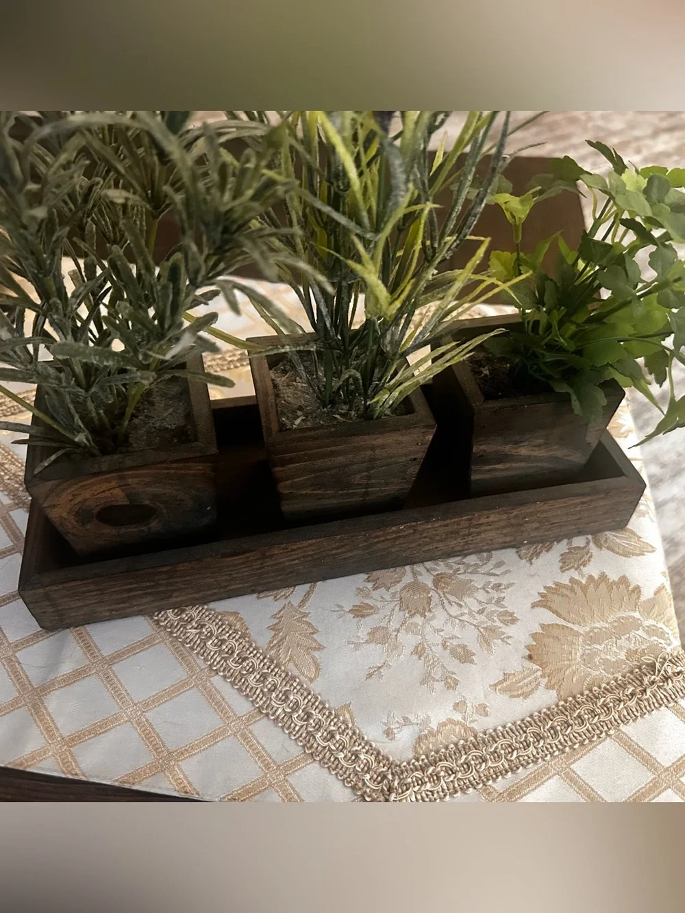 Rustic Wood Tray with Three Potted Green and Purple Faux Plants
